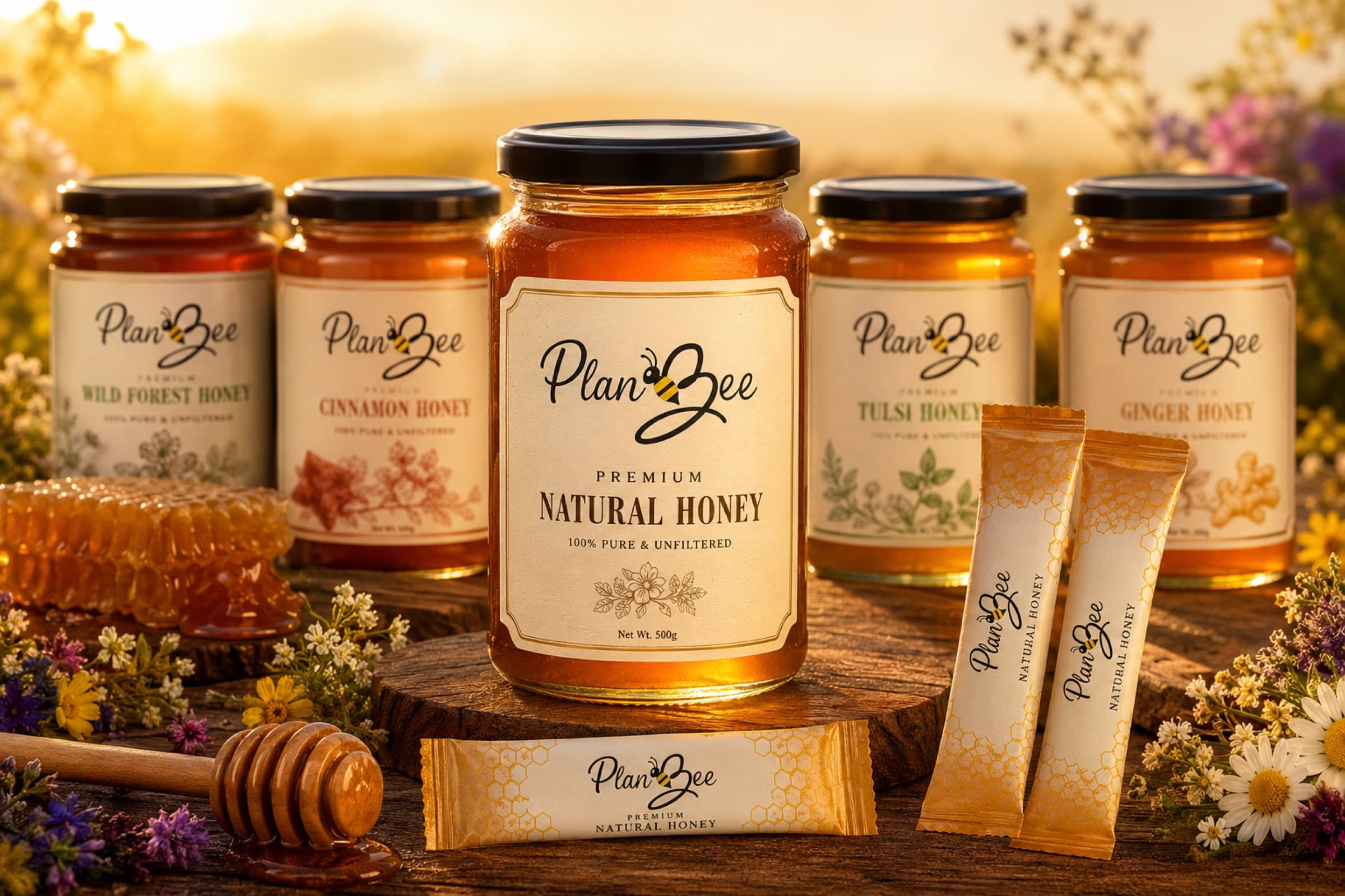 PlanBee premium natural honey in warm evening light
